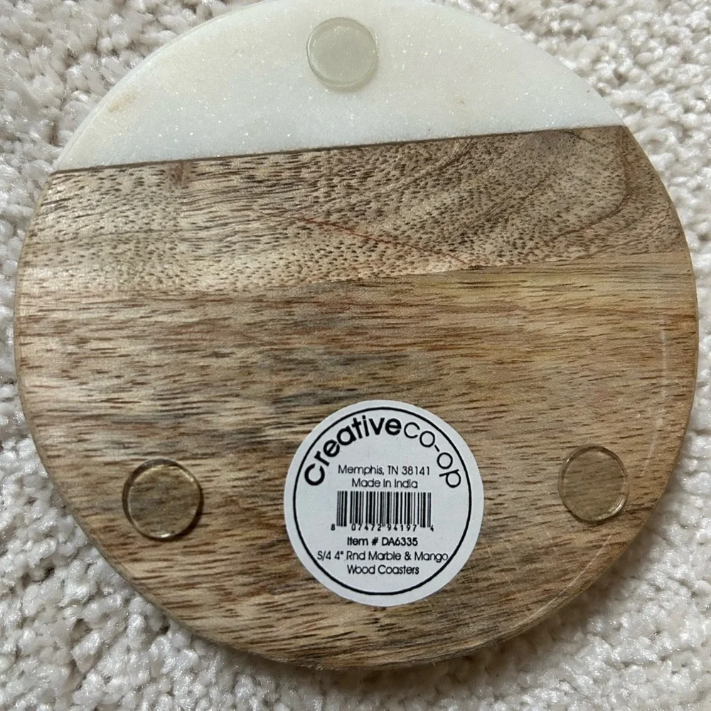 Creative Co-Op Wood and White Marble Half Moon Coasters - Set of 6